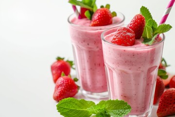 Canvas Print - Isolated pink milkshake in mason jar with straw