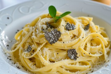 Wall Mural - Italian pasta dish with gourmet cuisine featuring fine white truffle as topping