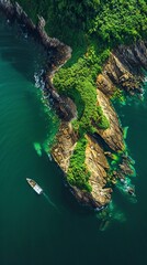 Wall Mural - A boat is traveling through the water near a green island.