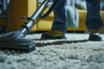 Wall Mural - Janitor vacuuming carpet at home in close up