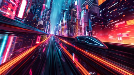 Aufkleber - A high-speed train racing through a futuristic cityscape, with sleek architecture and neon lights flashing by in a blur of motion.