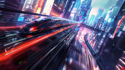 Aufkleber - A high-speed train racing through a futuristic cityscape, with sleek architecture and neon lights flashing by in a blur of motion.
