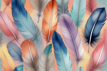 Wall Mural - Soft pastel abstract Feather background, feathers on a colorful background.