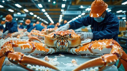 Poster - The legs of a giant king crab and the entire body of a giant king crab working in a giant king crab processing factory. The workers wear hard hats and white jackets. Generative AI.