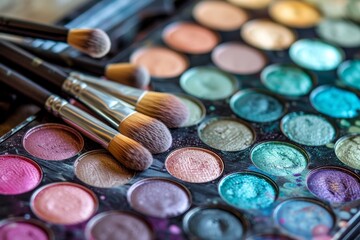 Canvas Print - Makeup brushes employed with a cosmetic palette