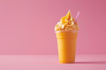 Canvas Print - Mango smoothie milk shake in a to go cup on pink background