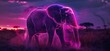 A majestic neon elephant, its tusks radiating cosmic purple, trumpets a challenge Its neon form, a beacon of strength, electrifies the surrounding savanna