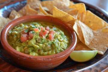 Wall Mural - Mexican dip with guacamole salsa and tortilla chips