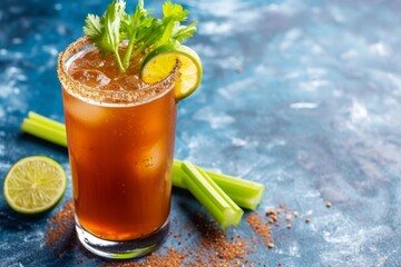 Mexican michelada a classic beer cocktail with celery on a blue backdrop