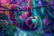 A playful neon sloth, its fur glowing a calming emerald green, hangs upside down from a neon jungle vine Its slowmotion smile hints at a hidden mischievous streak, a vibrant splash of personality in t