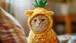 A pleasantly plump cat in a cute pineapple costume, sweetening up the scene