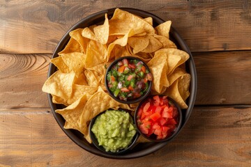 Wall Mural - Mexican nachos with tomato salsa and guacamole shown from above