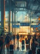Vector illustration of a bustling airport terminal, travelers with luggage, flight information displays
