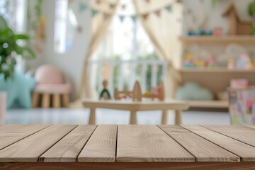 Wall Mural - Product presentation on wooden table in children s room with kids toys against a blurred background