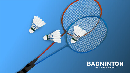 Badminton racket with white badminton shuttlecock n blue background ,vector sports illustration poster or banner style, illustration Vector EPS 10