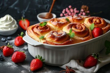 Wall Mural - Pumpkin cinnamon bun rolls with cream cheese sauce served on ceramic plates with cinnamon sticks on a marble table