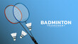 Badminton racket with white badminton shuttlecock n blue background ,vector sports illustration poster or banner style, illustration Vector EPS 10