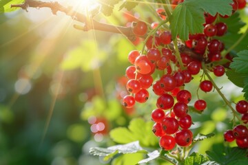 Wall Mural - Red currant berries grow on a bush in the sunny garden