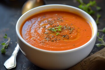 Poster - Soup with roasted red pepper and carrot in a white bowl