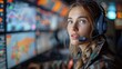 a united states emergency services call dispatcher speaking into their headset and with tracking maps on the screens,art illustration