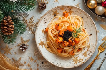 Wall Mural - Spaghetti with sauce sweet potatoes black caviar on a plate with a Christmas tree branch and toys on the table