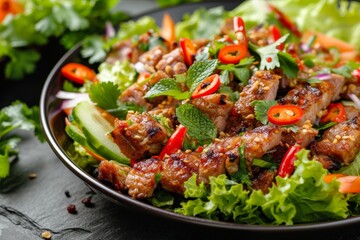 Wall Mural - Spicy Grilled Pork Salad and Thai Beef Salad Recipe commonly found in Northeast Thai cuisine