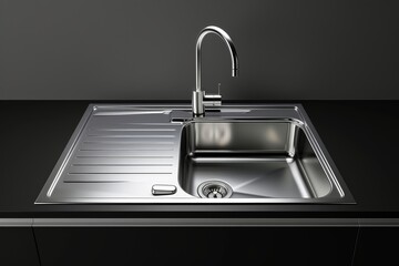 Stainless steel sink and faucet Top view with tap