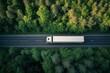Large freight transporter semi truck driving on highway road moving through green forest with cargo semi trailer