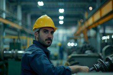 Male factory worker drilling at machine in a smart factory wearing yellow hard hat for safety