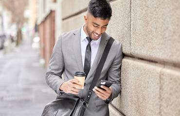 Aufkleber - Coffee, smile and businessman with phone in city for social media, travel and salesman reading email on internet. Mobile, drink and professional in street online, website and network on news app
