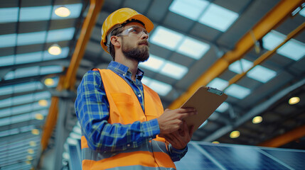 Fototapete - Young energetic professional factory worker inspecting factory light panels on the roof with a clip board in his hand. Generative AI.