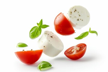 Wall Mural - Mozzarella cheese falling on white background caprese salad elements