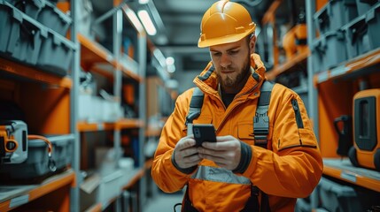 Aufkleber - Service engineer with toolbox using his phone. Generative AI.