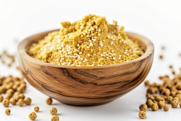 Wall Mural - Mustard filled bowl against white background Close up view