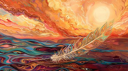 abstract colorful bright feather , bright stains of liquid paints in an ornate weave, artistic background of fluid mixed paints As the sun dipped below the horizon casting a warm gold