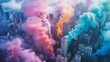 Aerial view of colorful smoke enveloping a cityscape, adding a surreal touch to the urban landscape