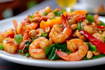 Wall Mural - Non spicy Thai food stir fried crispy shrimp with cashews and peppers served on a white plate