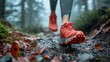 lady trail runner walking on forest path with close up of trail running shoes the runner in motion with one foot lifted off the ground and the other firmly planted on the forest path,art photo