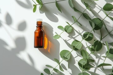 Sticker - Open amber bottle with eucalyptus branch White background with natural light and shadows Skincare serum or essential oil Beauty concept for face and