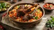Aromatic biryani rice garnished with fragrant herbs and served with tender pieces of succulent lamb.