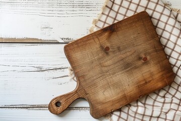 Wall Mural - Overhead view of wooden cutting board on white table with menu card a food background