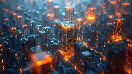 Wall Mural - Digital twin of smart city, urban center with buildings and streets surrounded by glowing blue lines forming an abstract cube shape