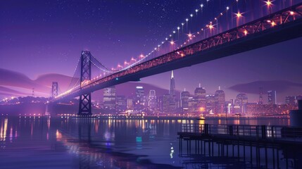Poster - City skyline punctuated by the elegant silhouette of a bridge illuminated by a spectacular array of lights.