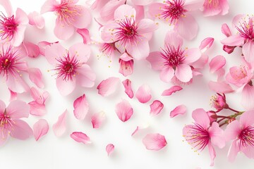 Sticker - Pink cherry blossoms and petals on a white background representing springtime With a creative layout it s a floral design element symbolizing the concept of sprin