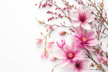 Poster - Pink spring flowers composition on white background Magnolia cherry blossoms and willow branches Perfect for Spring or Mother s Day greeting card Banner size with