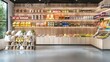 Front view, unmanned retail store, shelves filled with a variety of food,, snacks, drinks, bags categorized and placed, modern minimalist decoration style. Generative AI.
