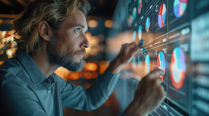 Fototapete - Digital marketing man strategist in modern agency. The strategist is engaged with an interactive wall display showing consumer trends and digital campaign metrics. Generative AI.