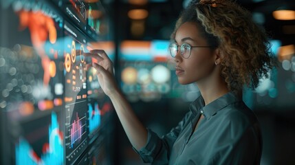 Poster - Digital marketing woman strategist in modern agency. The strategist is engaged with an interactive wall display showing consumer trends and digital campaign metrics. Generative AI.