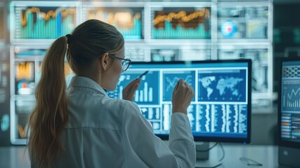Fototapete - Digital marketing professionals working with modern technology like computers and digital displays showing graphs and data analytics. Generative AI.