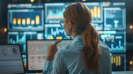Fototapete - Digital marketing professional woman working with modern technology like computers and digital displays showing graphs and data analytics. Generative AI.